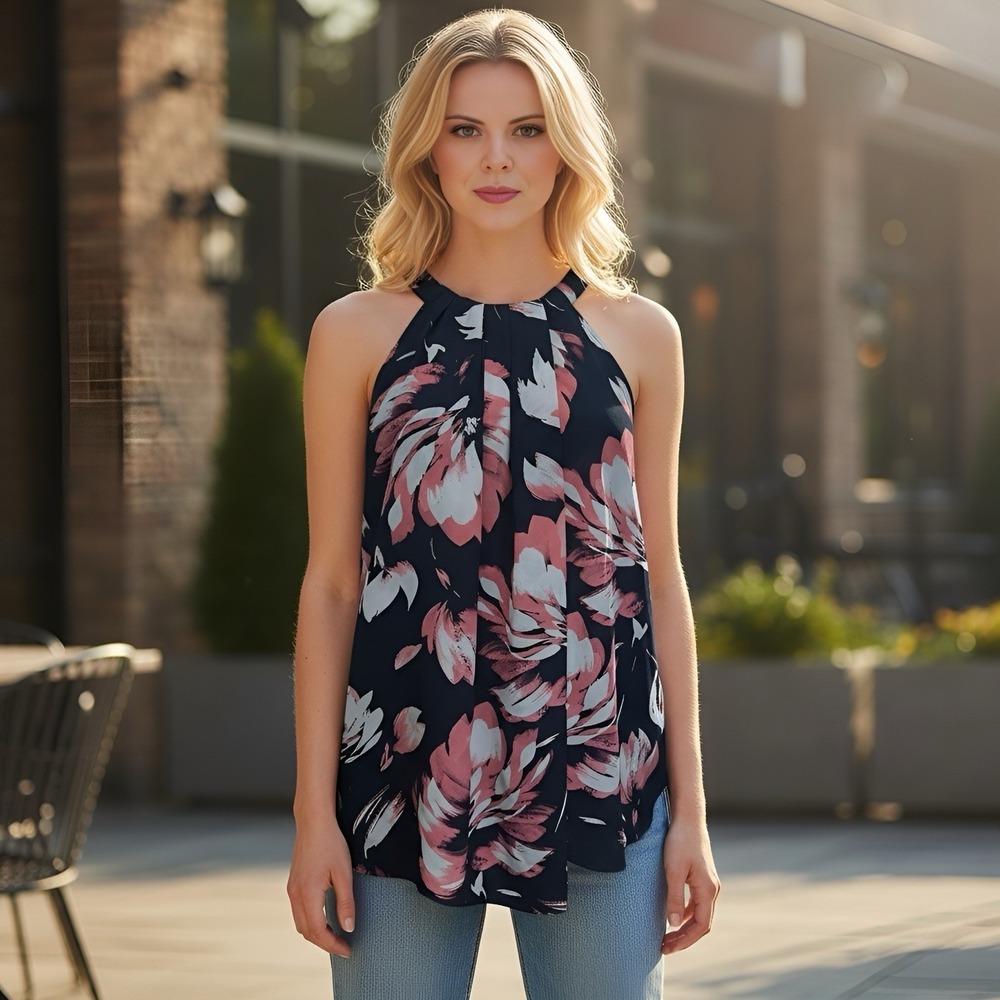 The Limited Ladies Flowy Navy & Pink Blouse Halter Top Sz Large